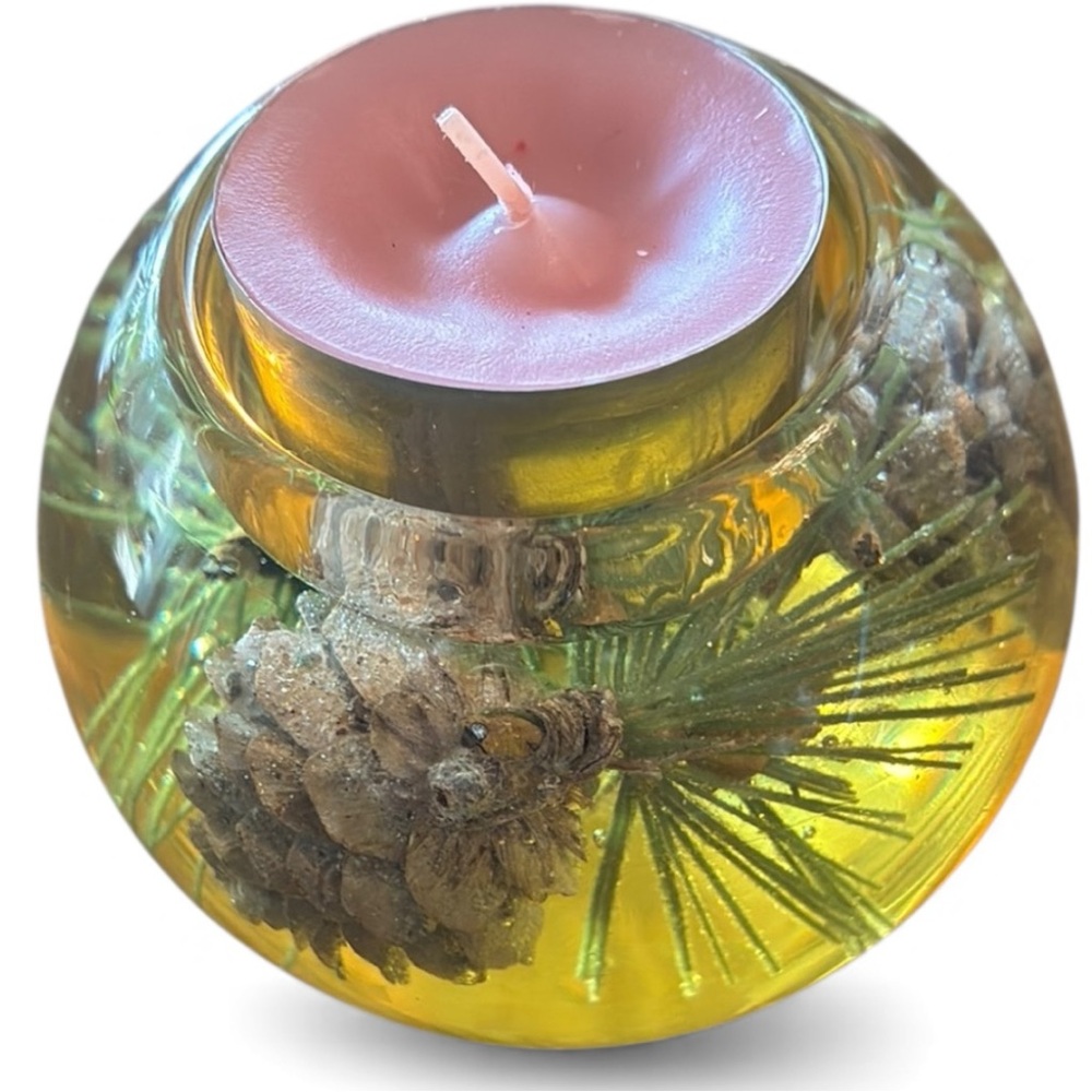 Germany Lucite Votive Candle Holder Pinecones pine needles tea light Traumlicht